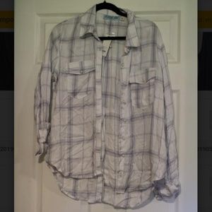 White and blue button down with pearl buttons